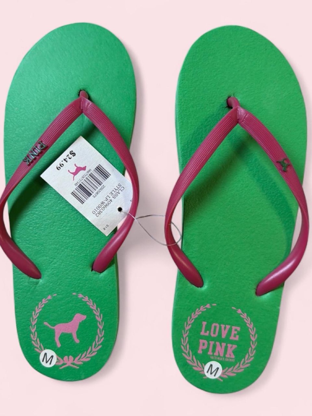 Y2k NWT PINK Victoria's Secret Green Footbed Flip Flops with Pink Straps